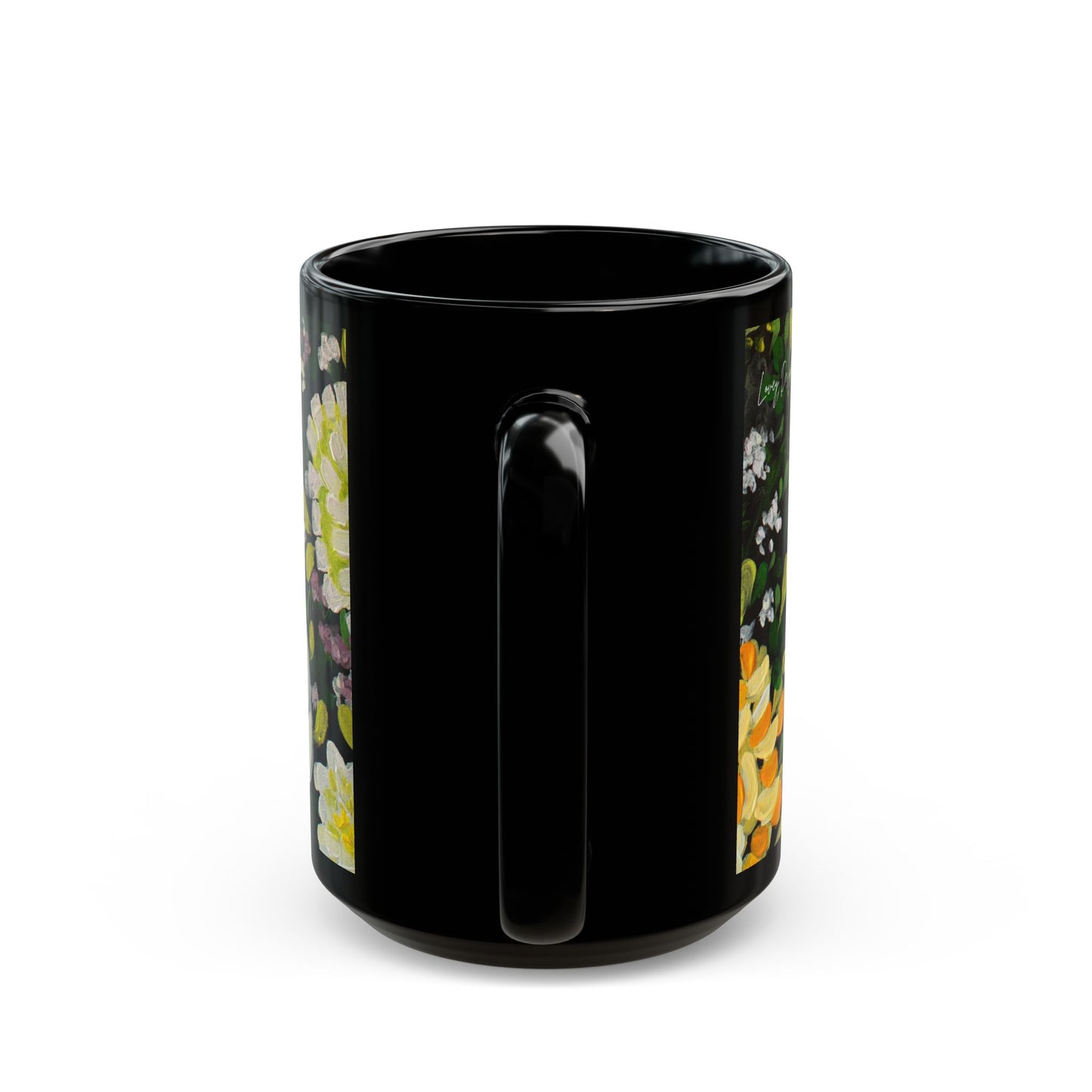 Floral Midnight Garden Black Mug — White & Yellow Blossom Coffee Cup (11oz/15oz)