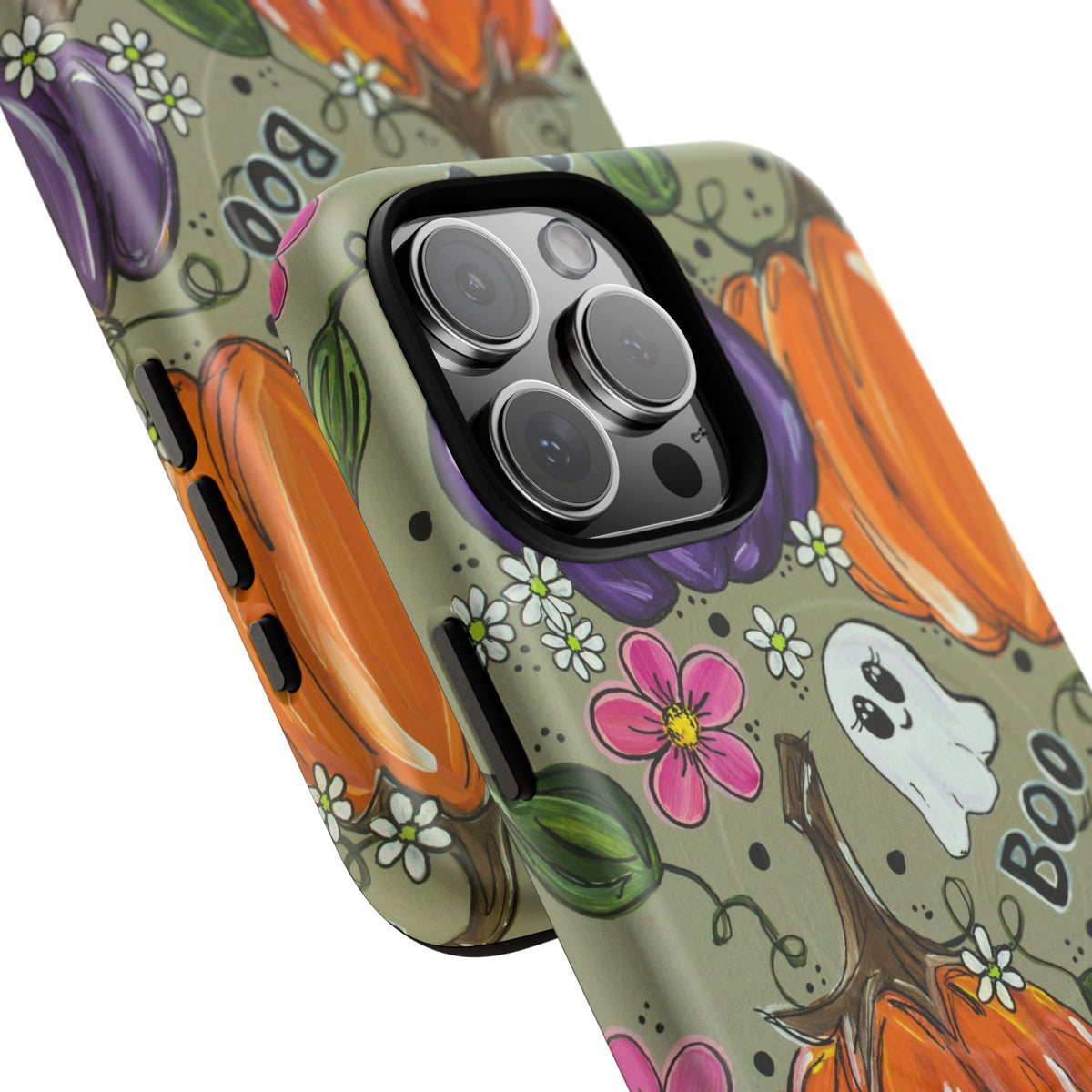 Halloween Pumpkin Ghost Tough Magnetic Phone Case — 'Boo' Fall Floral iPhone Cover