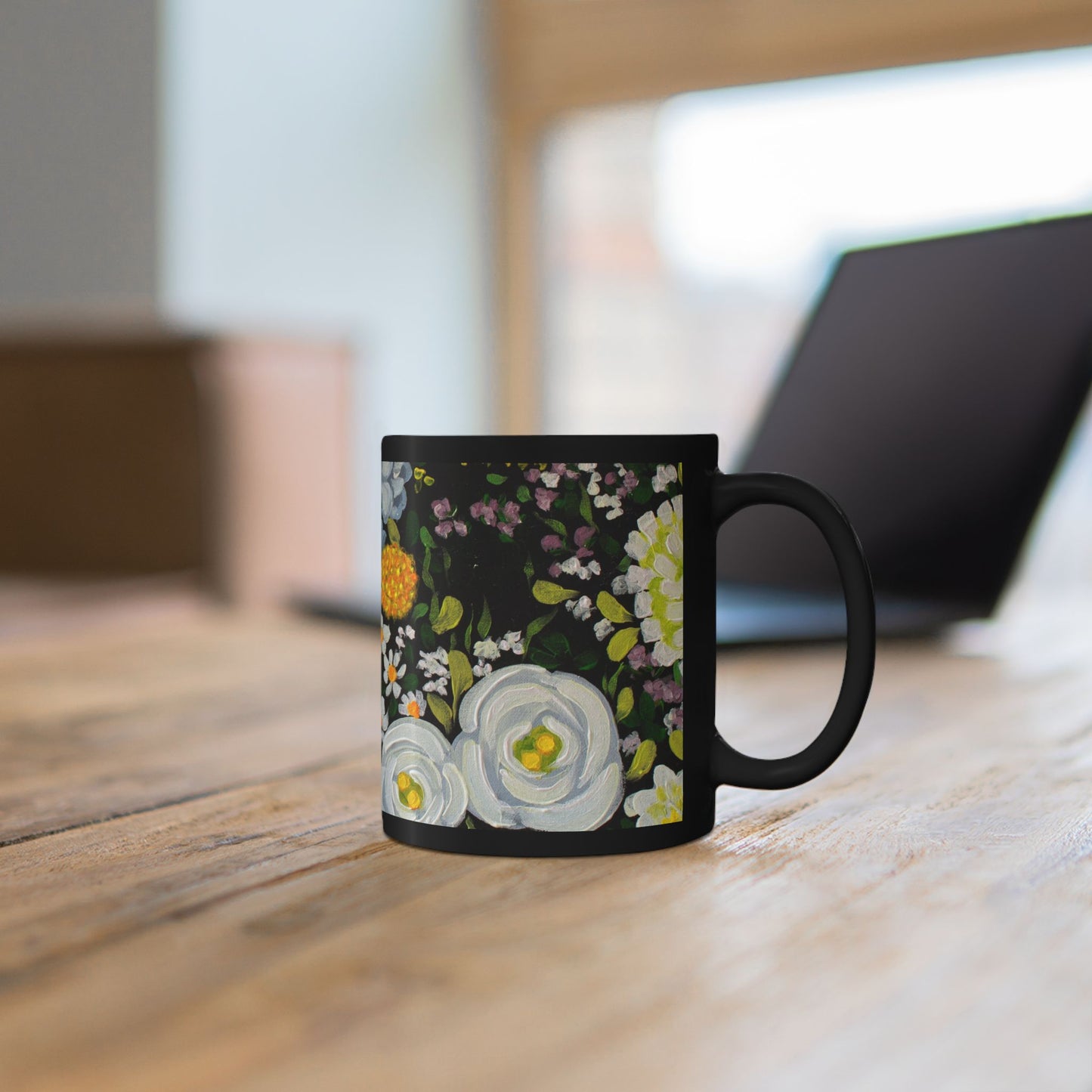 Floral Midnight Garden Black Mug — White & Yellow Blossom Coffee Cup (11oz/15oz)