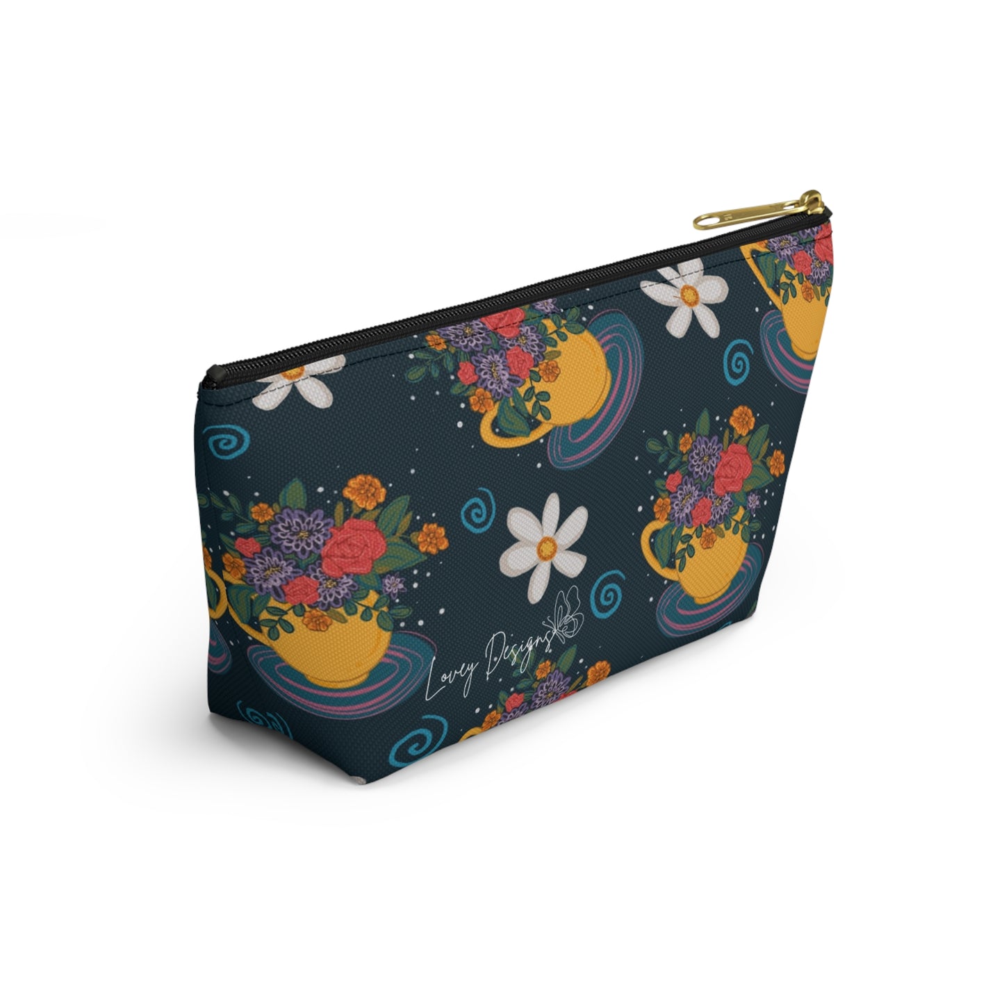 Floral Teacup Accessory Pouch — Zippered Makeup Bag with T‑Bottom