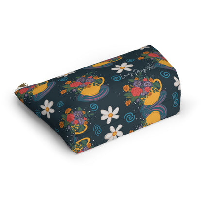 Floral Teacup Accessory Pouch — Zippered Makeup Bag with T‑Bottom