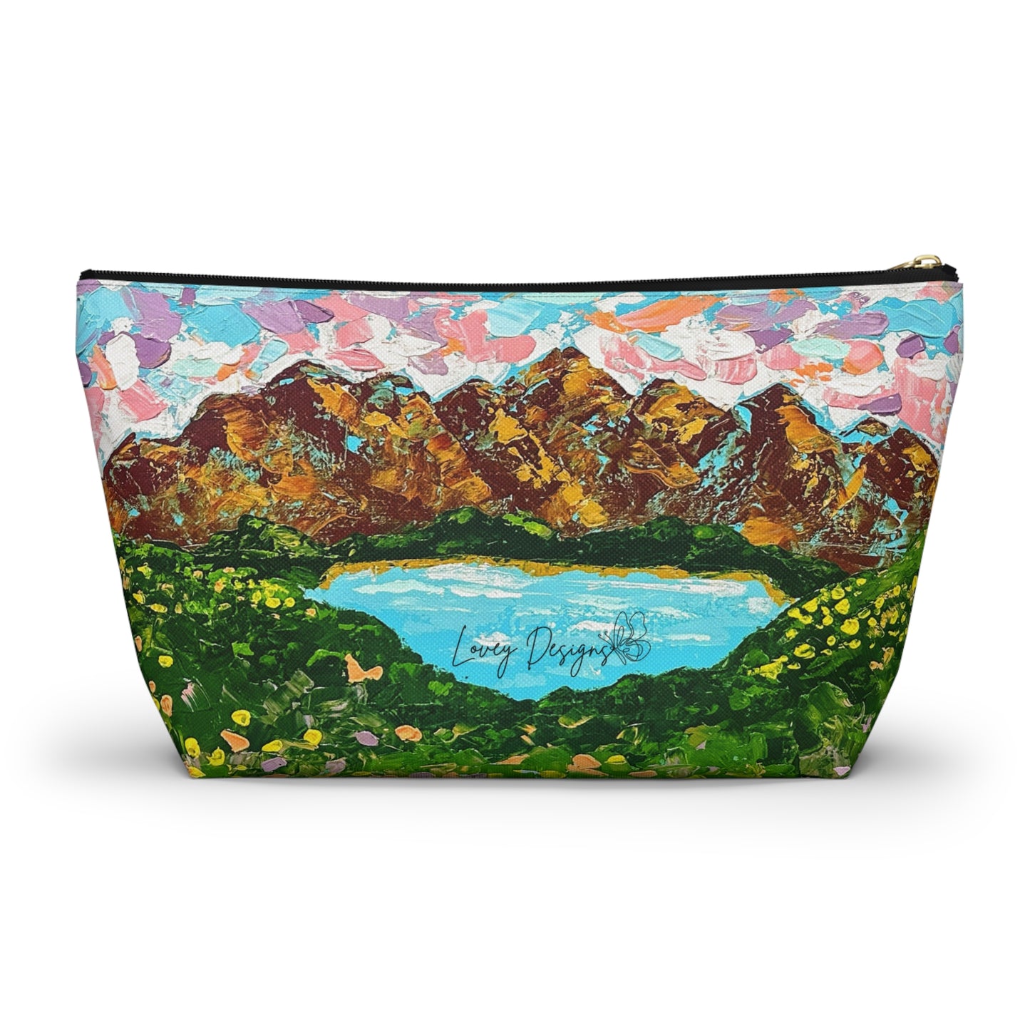 Faith Moves Mountains Accessory Pouch — Floral Landscape T-Bottom Makeup Bag