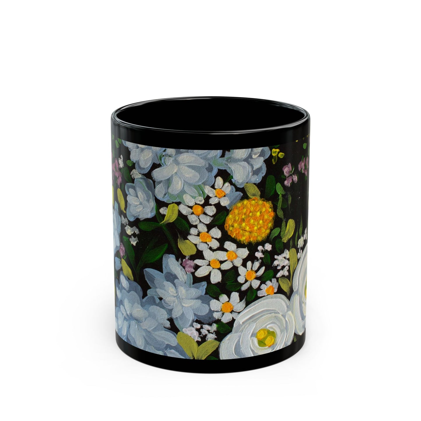 Floral Midnight Garden Black Mug — White & Yellow Blossom Coffee Cup (11oz/15oz)