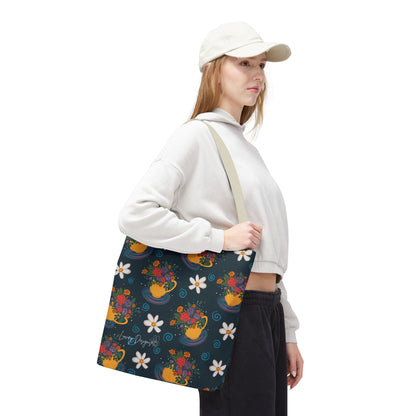 Floral Teacup Pattern Tote Bag – Vintage Daisies & Bouquet All-Over Print