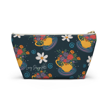 Floral Teacup Accessory Pouch — Zippered Makeup Bag with T‑Bottom