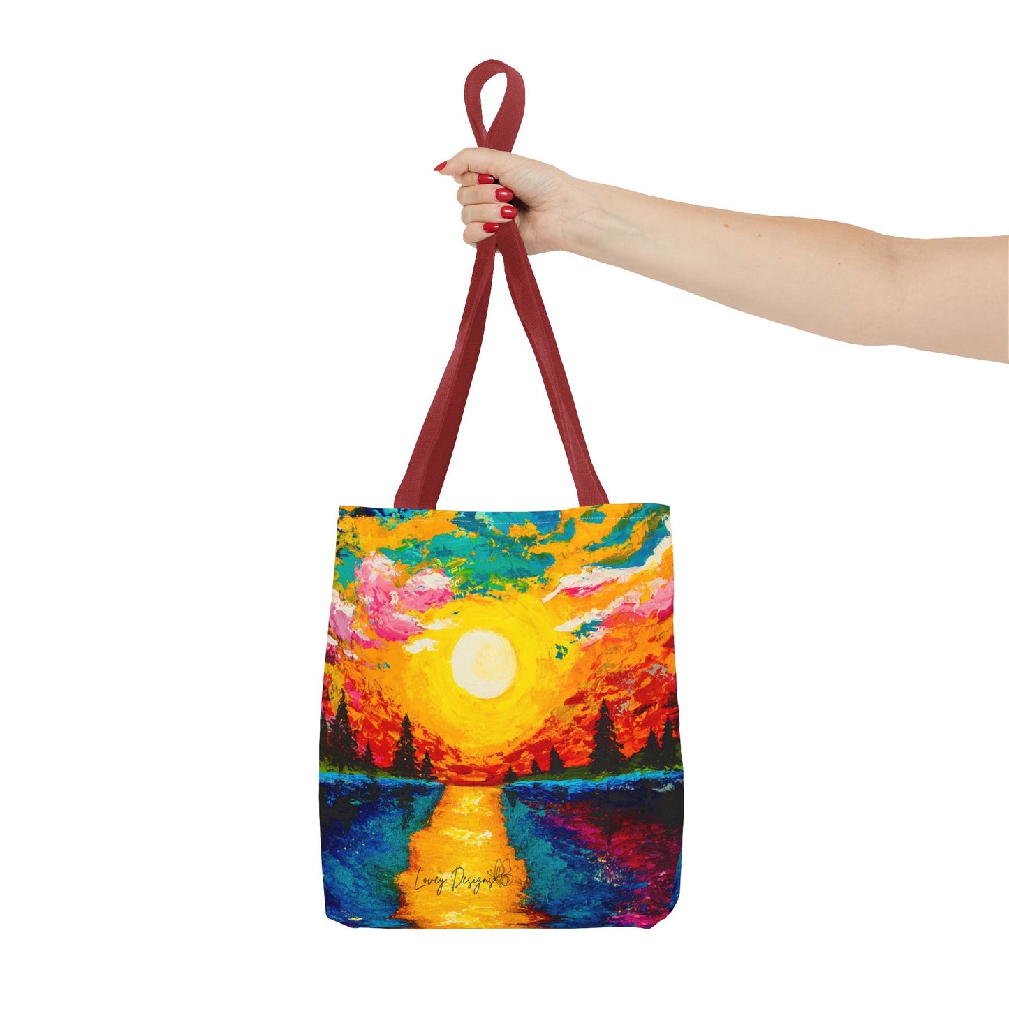 Sunset Lake Tote Bag – Vibrant Hand-Painted Sunset Canvas Carryall