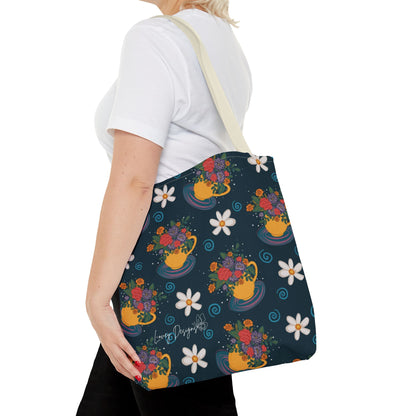 Floral Teacup Pattern Tote Bag – Vintage Daisies & Bouquet All-Over Print