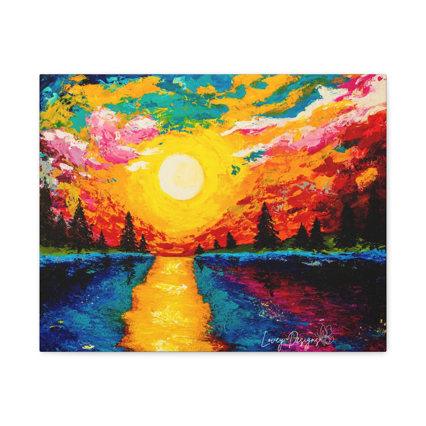 Sunset Lake Canvas Wall Art — Vibrant Abstract Landscape on Matte Stretched Canvas