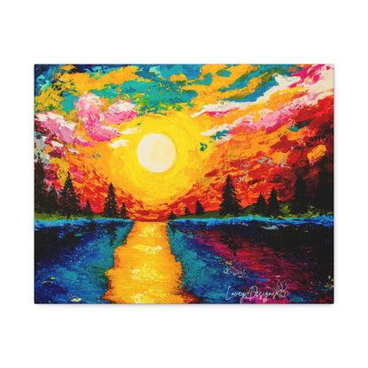 Sunset Lake Canvas Wall Art — Vibrant Abstract Landscape on Matte Stretched Canvas