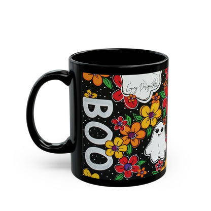 Whimsical Halloween Mug, Black Ghost Mug, Floral Boo Mug, Cute Halloween Gift, Spooky Coffee Cup - "Haunted Garden"