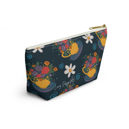 Floral Teacup Accessory Pouch — Zippered Makeup Bag with T‑Bottom