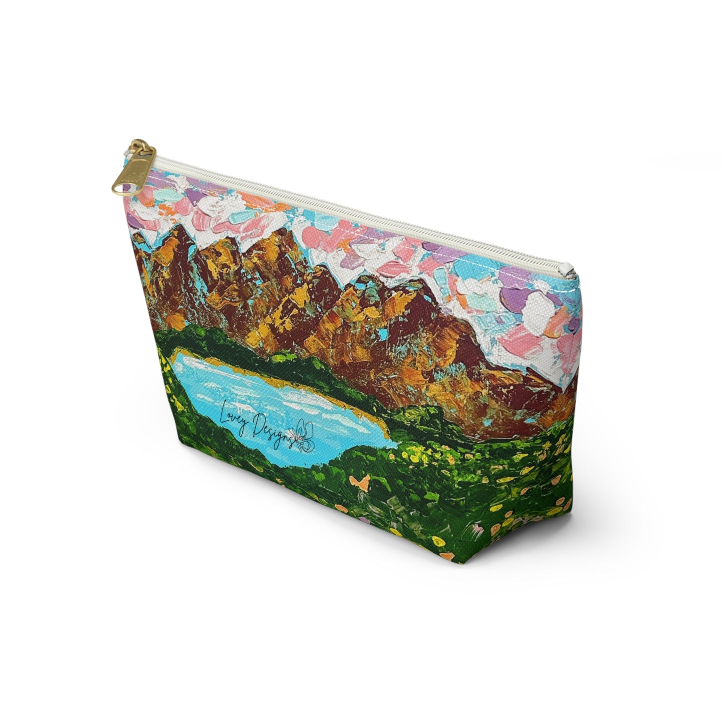 Faith Moves Mountains Accessory Pouch — Floral Landscape T-Bottom Makeup Bag