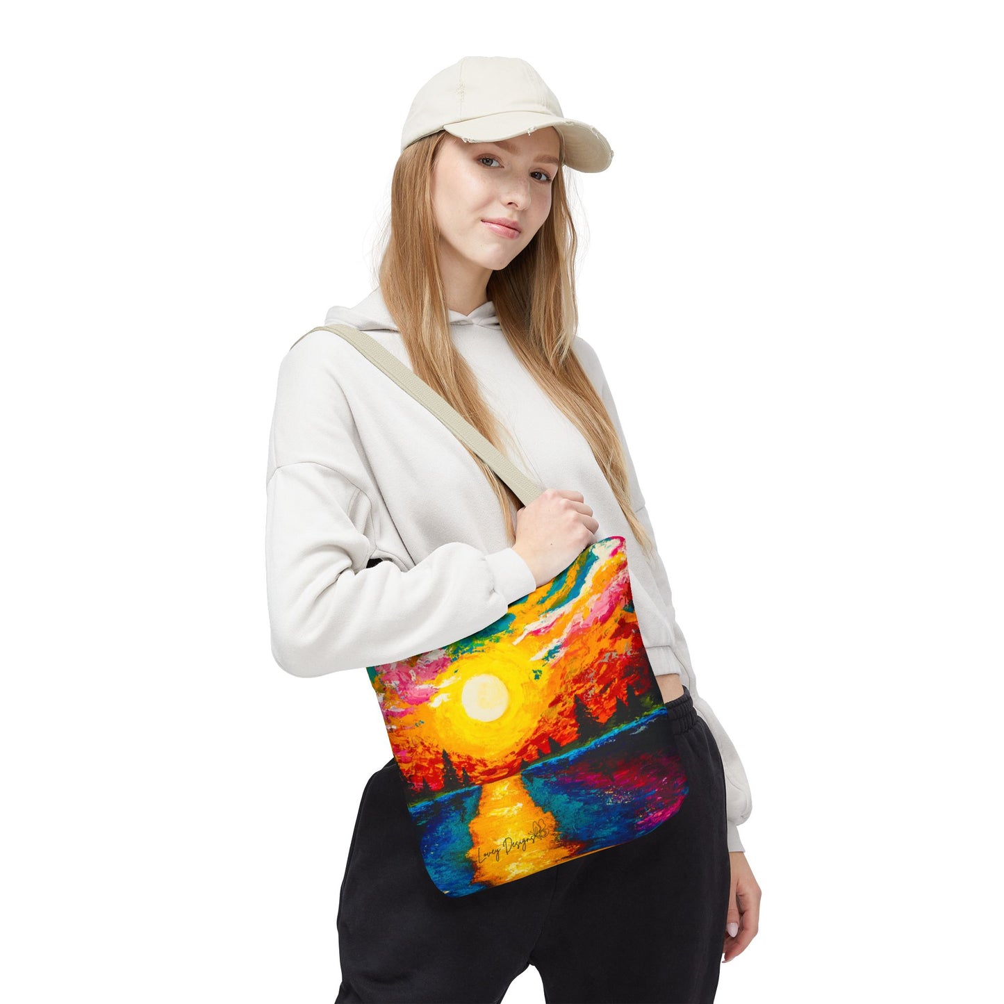 Sunset Lake Tote Bag – Vibrant Hand-Painted Sunset Canvas Carryall