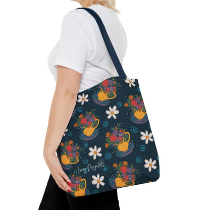 Floral Teacup Pattern Tote Bag – Vintage Daisies & Bouquet All-Over Print