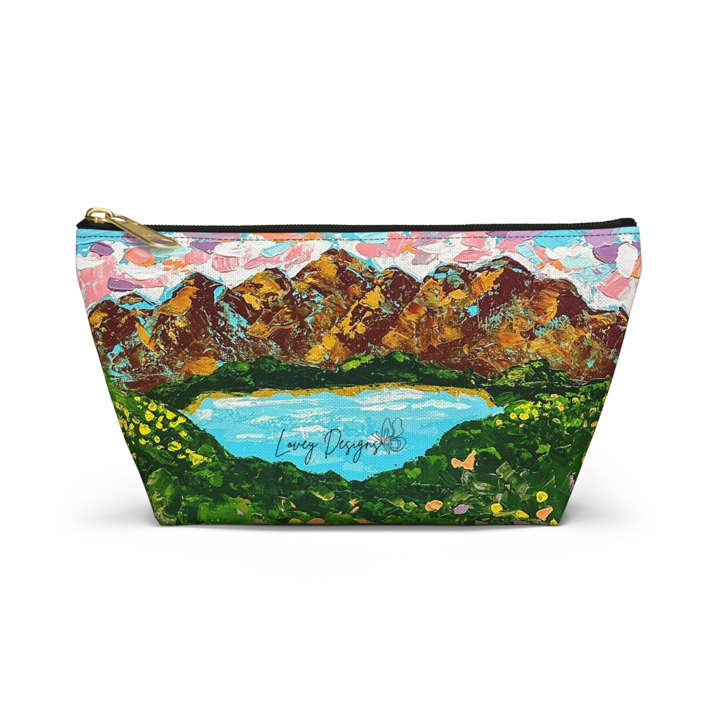 Faith Moves Mountains Accessory Pouch — Floral Landscape T-Bottom Makeup Bag