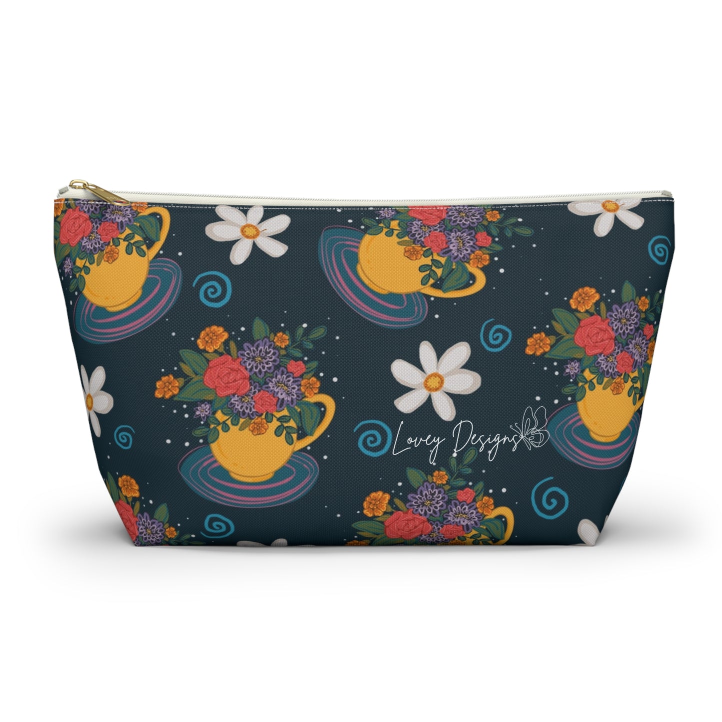 Floral Teacup Accessory Pouch — Zippered Makeup Bag with T‑Bottom