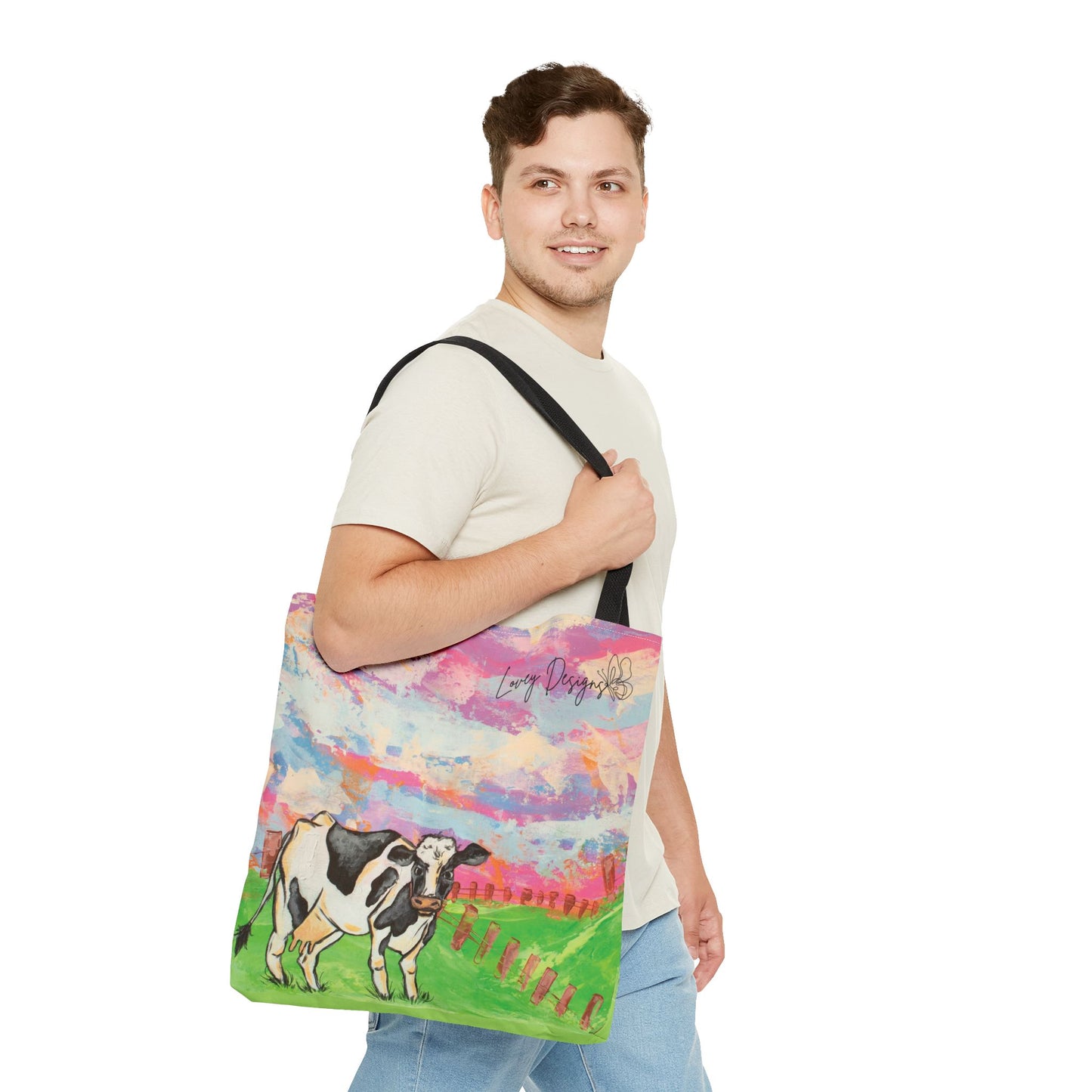 Cow Art Tote Bag — 'Love, Days' Pastel Farm Illustration