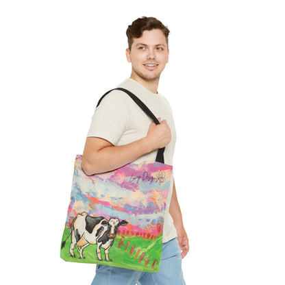 Cow Art Tote Bag — 'Love, Days' Pastel Farm Illustration