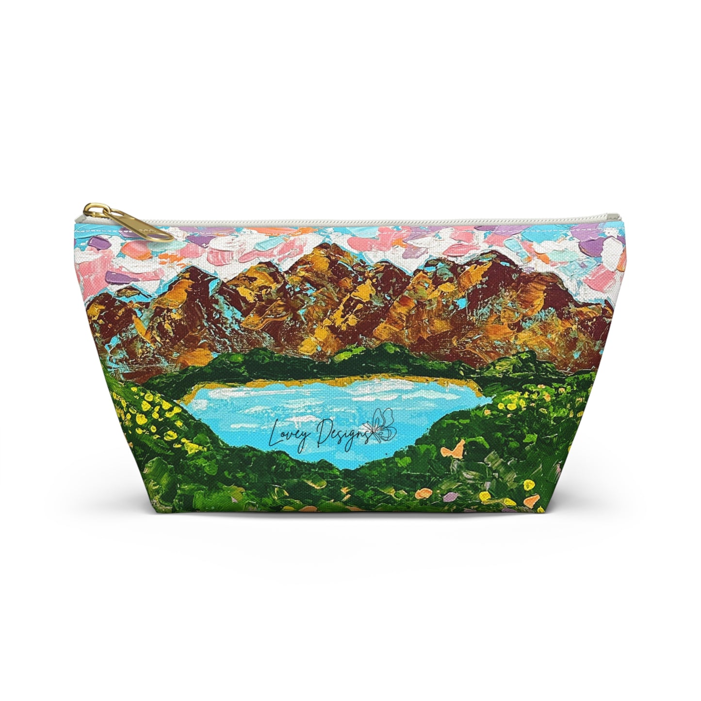 Faith Moves Mountains Accessory Pouch — Floral Landscape T-Bottom Makeup Bag
