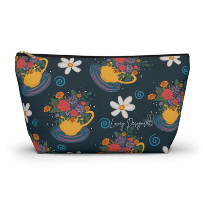 Floral Teacup Accessory Pouch — Zippered Makeup Bag with T‑Bottom