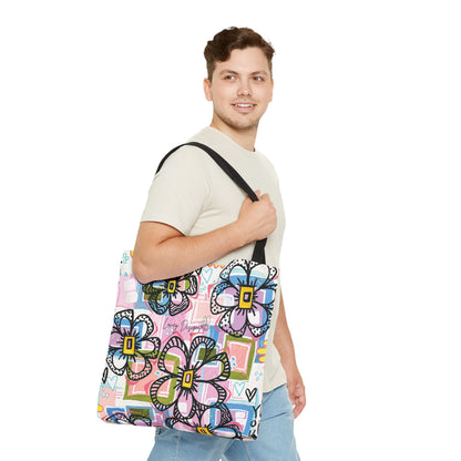 Floral Pop Art Tote Bag — Colorful Hand-Drawn Flowers AOP