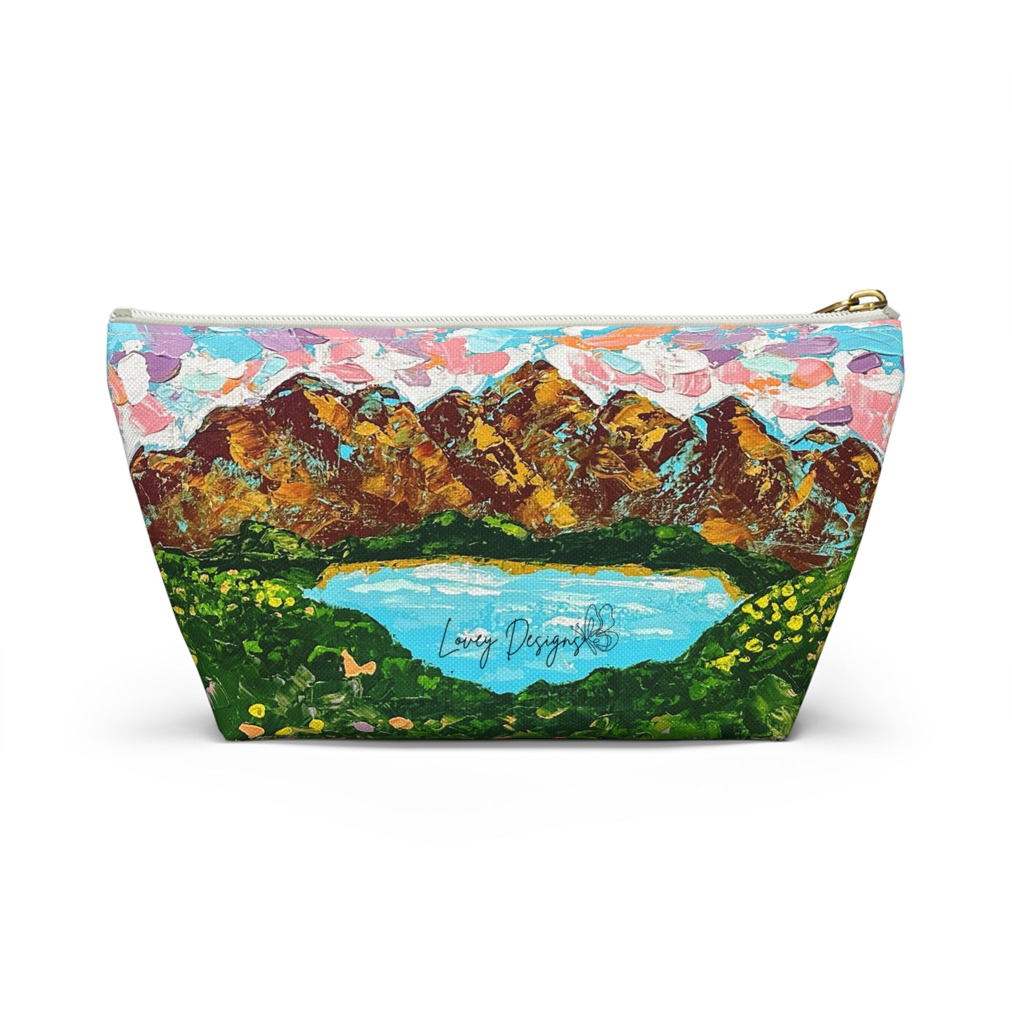 Faith Moves Mountains Accessory Pouch — Floral Landscape T-Bottom Makeup Bag