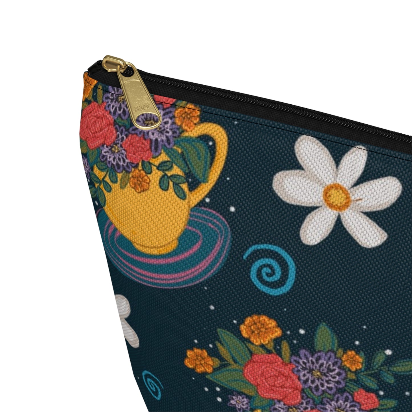 Floral Teacup Accessory Pouch — Zippered Makeup Bag with T‑Bottom