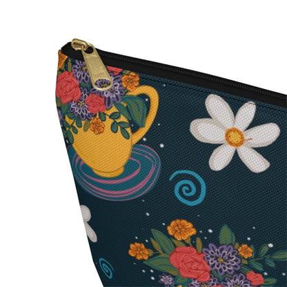 Floral Teacup Accessory Pouch — Zippered Makeup Bag with T‑Bottom