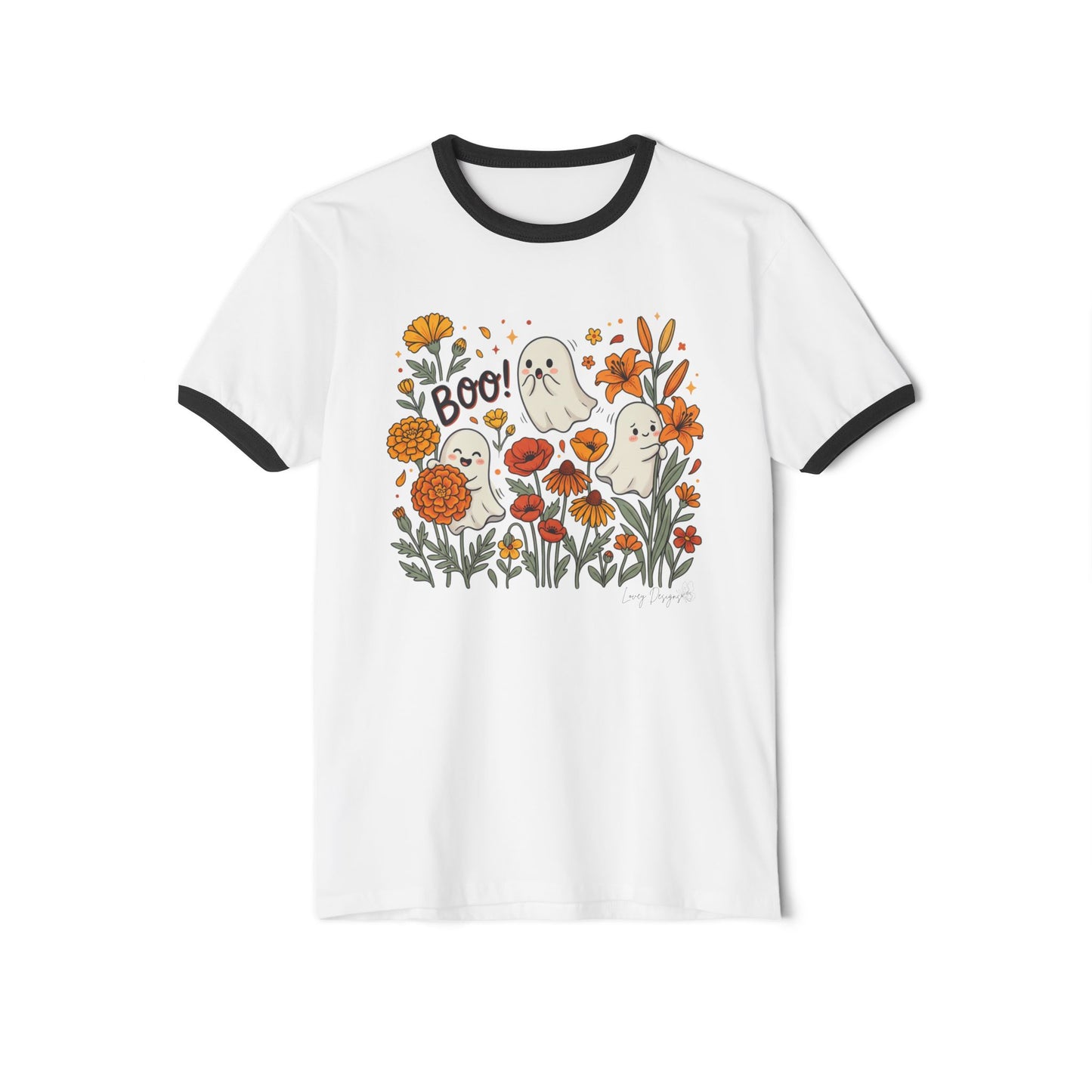 Halloween Ghosts Floral Ringer T-Shirt – 'Boo!' Autumn Pumpkin Patch Tee