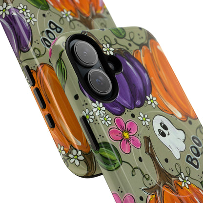 Halloween Pumpkin Ghost Tough Magnetic Phone Case — 'Boo' Fall Floral iPhone Cover