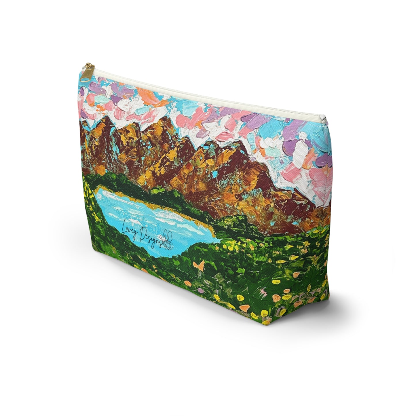 Faith Moves Mountains Accessory Pouch — Floral Landscape T-Bottom Makeup Bag