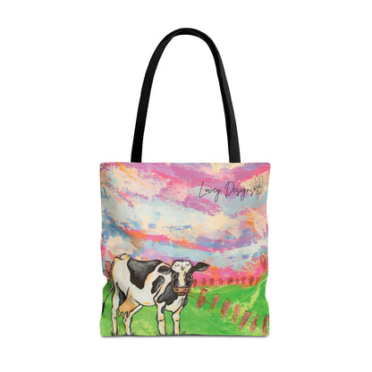 Cow Art Tote Bag — 'Love, Days' Pastel Farm Illustration