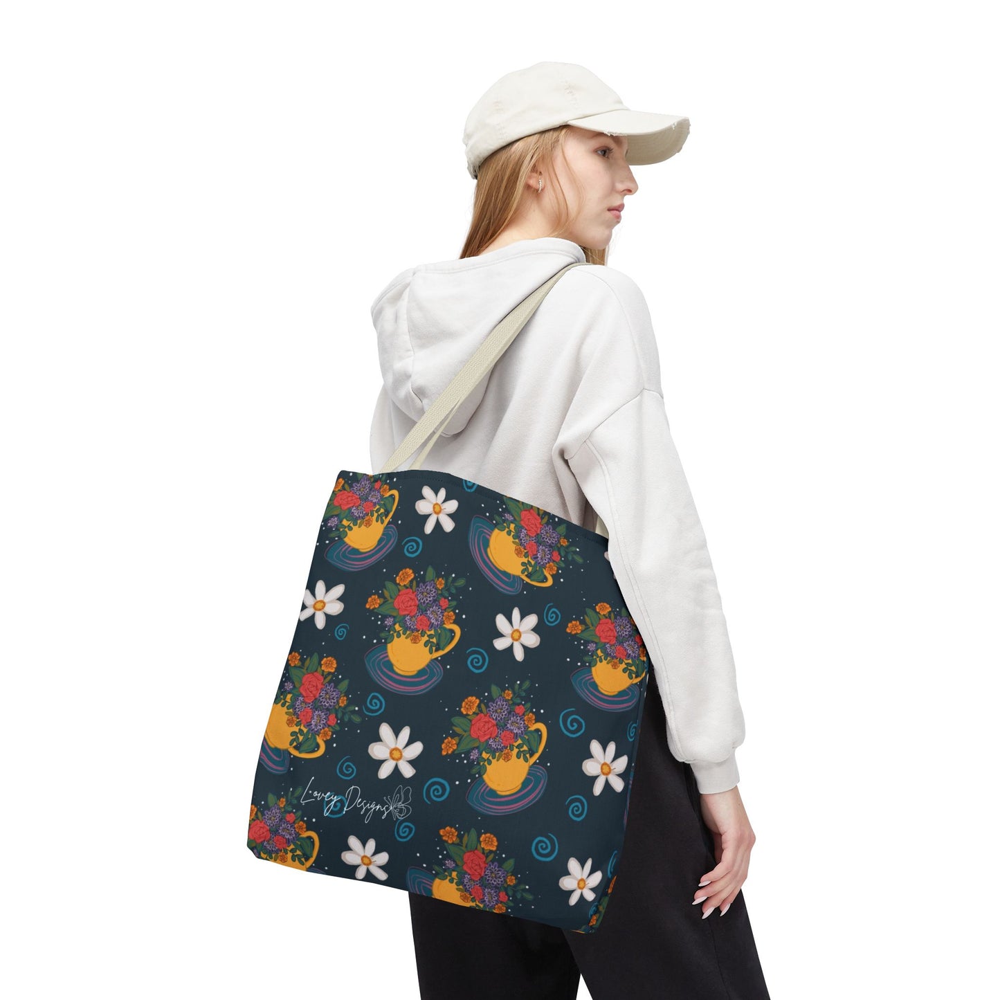 Floral Teacup Pattern Tote Bag – Vintage Daisies & Bouquet All-Over Print