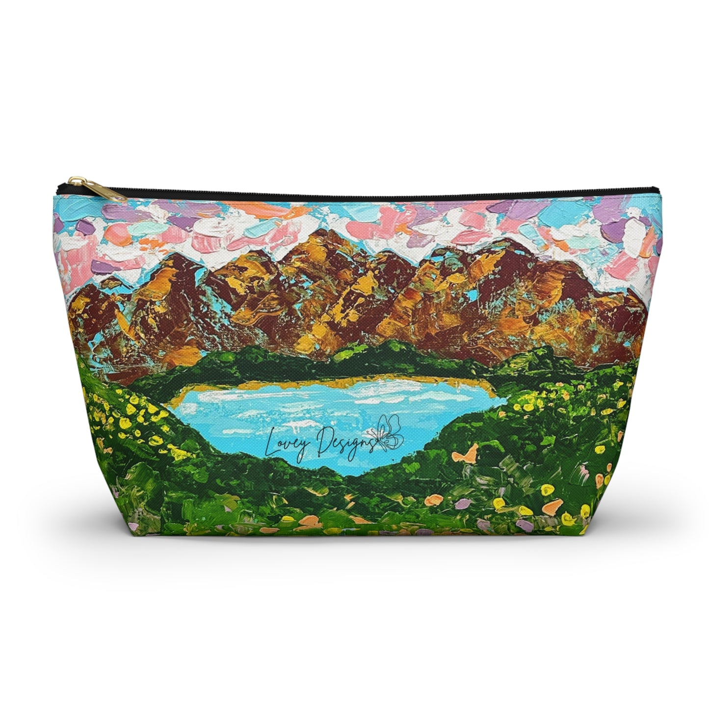 Faith Moves Mountains Accessory Pouch — Floral Landscape T-Bottom Makeup Bag