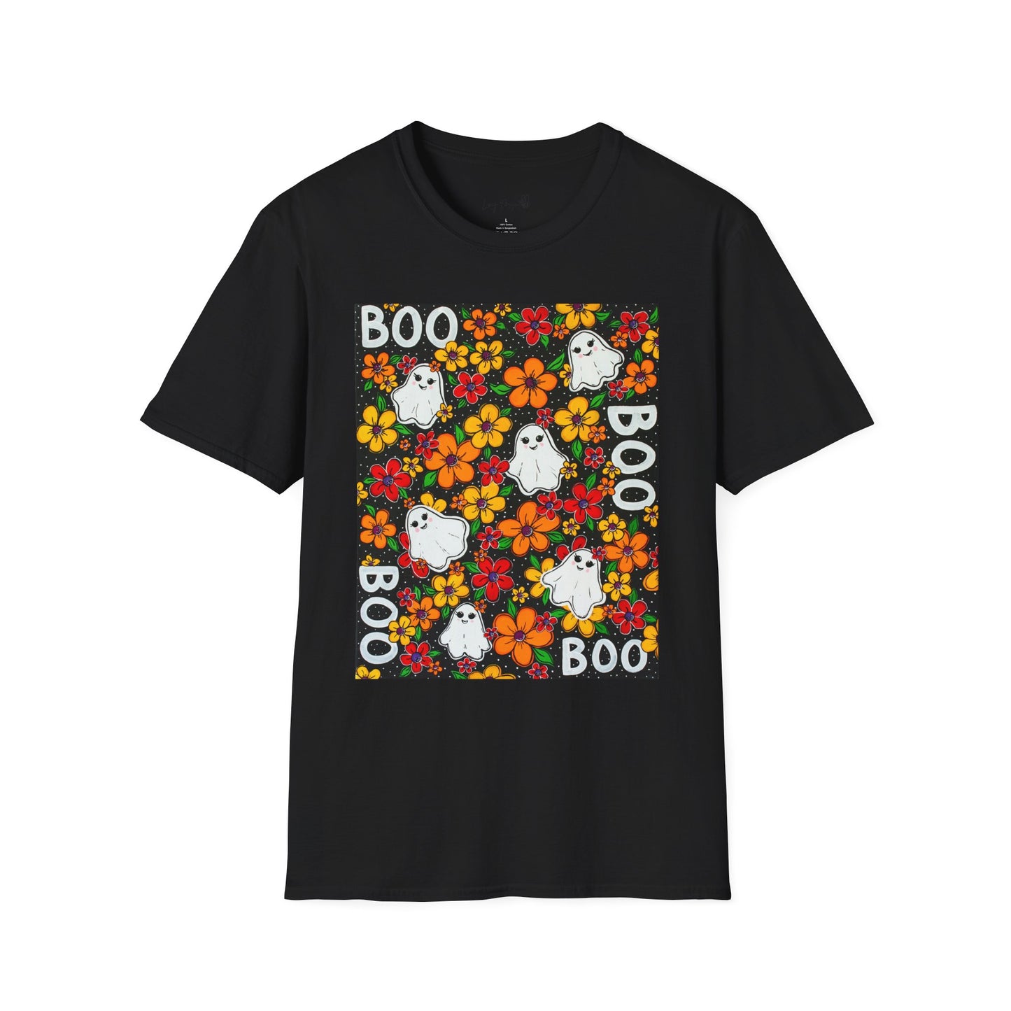 Halloween Ghost Floral T‑Shirt — 'BOO' Cute Retro Ghosts & Orange Flowers