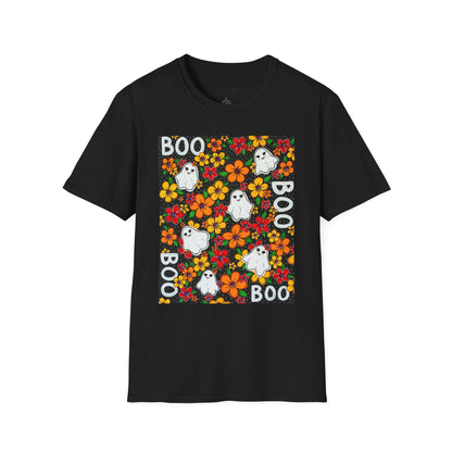Halloween Ghost Floral T‑Shirt — 'BOO' Cute Retro Ghosts & Orange Flowers