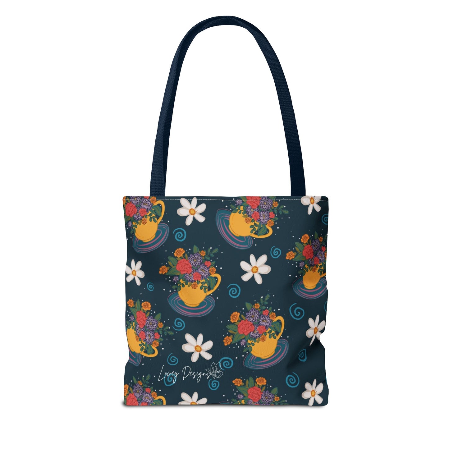 Floral Teacup Pattern Tote Bag – Vintage Daisies & Bouquet All-Over Print