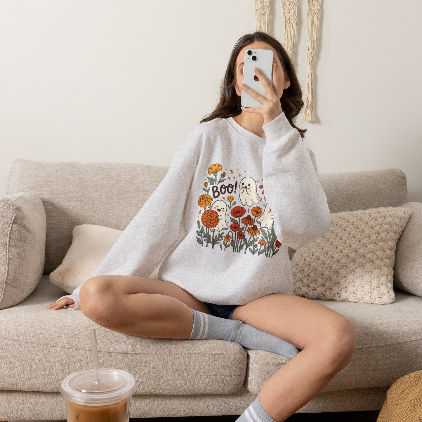 Halloween Ghosts Floral Sweatshirt — 'Boo!' Autumn Crewneck