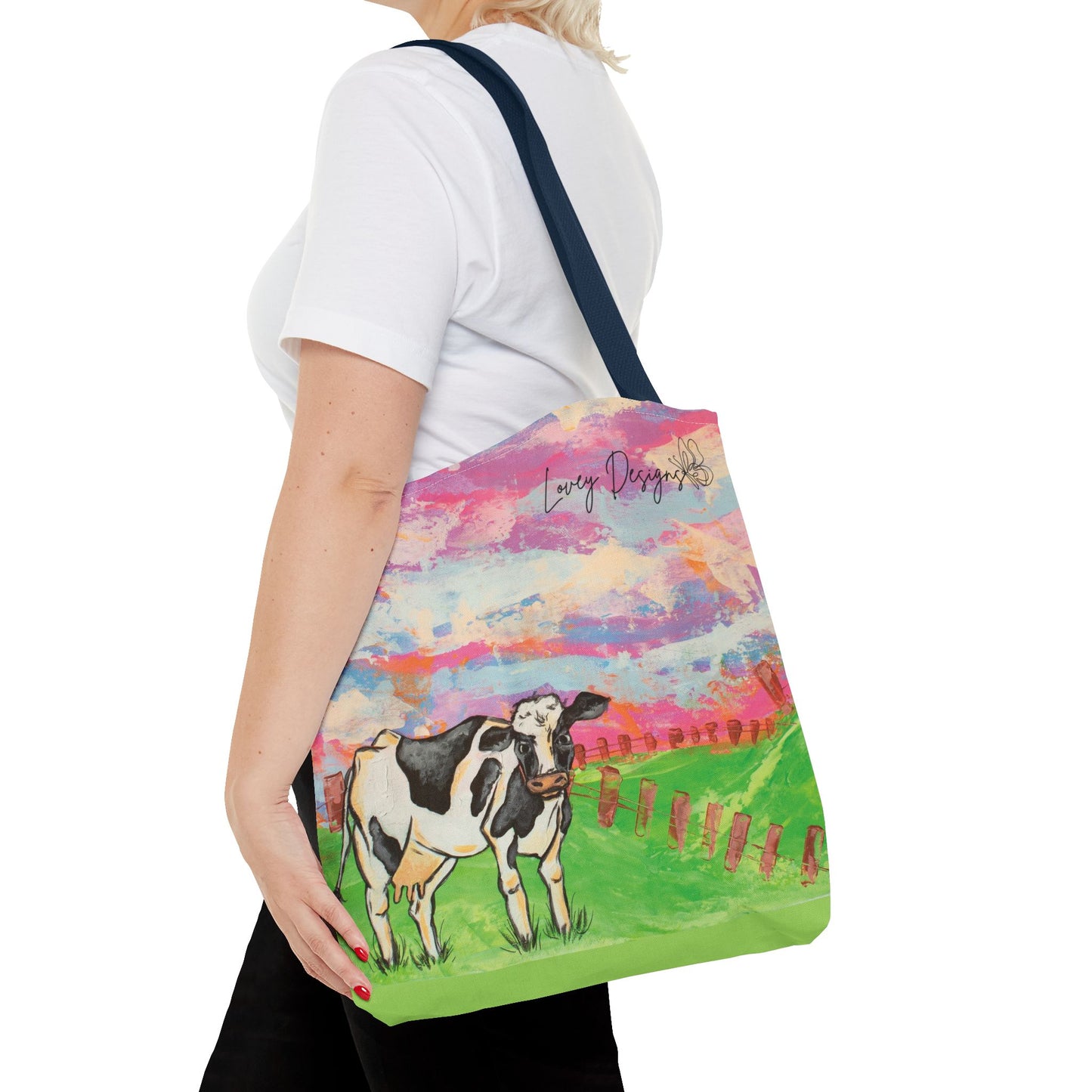 Cow Art Tote Bag — 'Love, Days' Pastel Farm Illustration