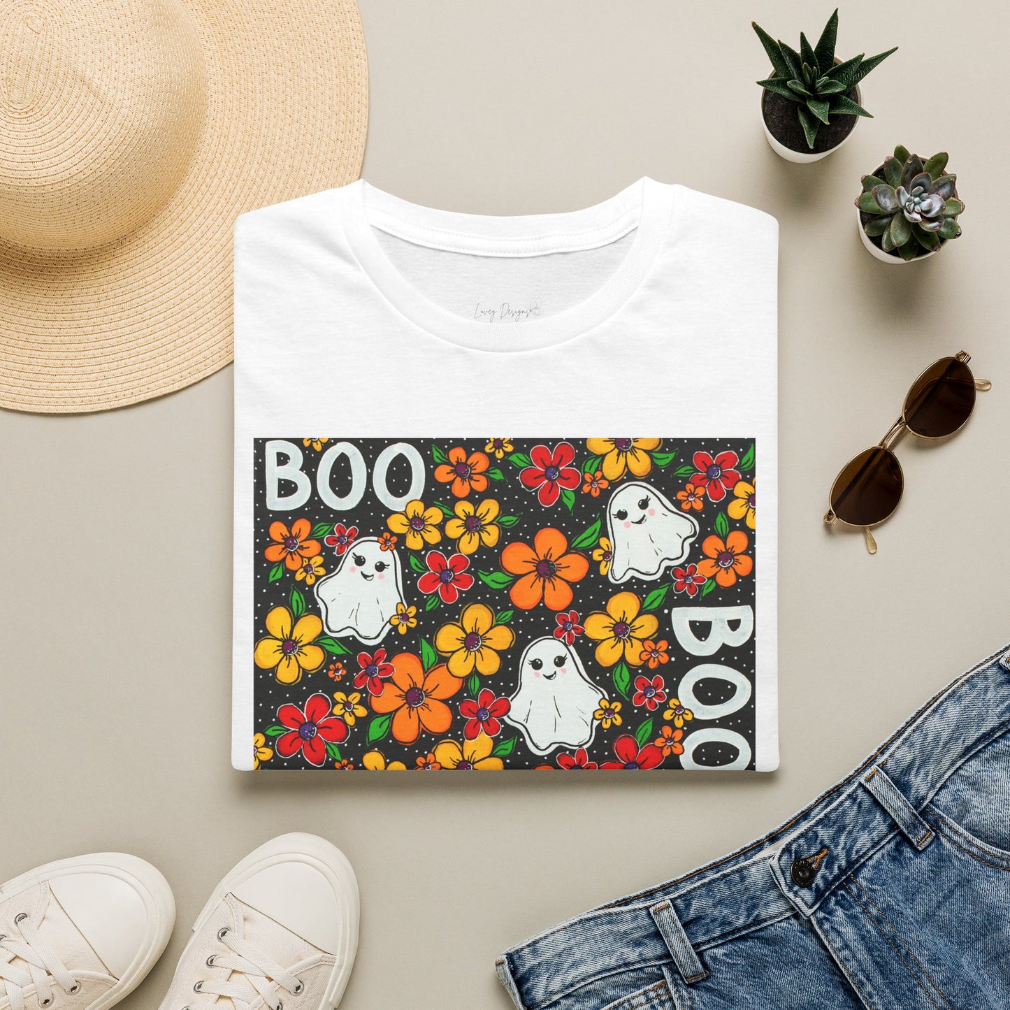 Halloween Ghost Floral T‑Shirt — 'BOO' Cute Retro Ghosts & Orange Flowers
