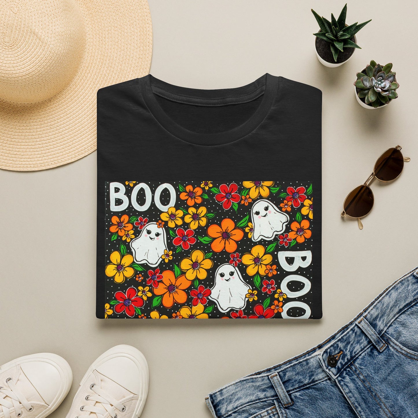 Halloween Ghost Floral T‑Shirt — 'BOO' Cute Retro Ghosts & Orange Flowers