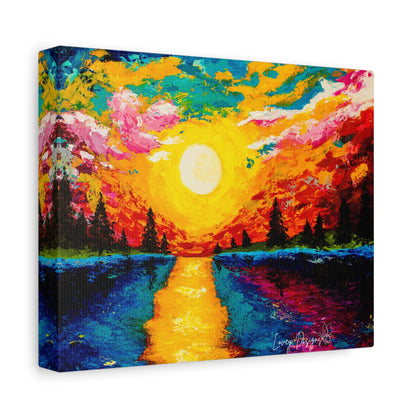 Sunset Lake Canvas Wall Art — Vibrant Abstract Landscape on Matte Stretched Canvas