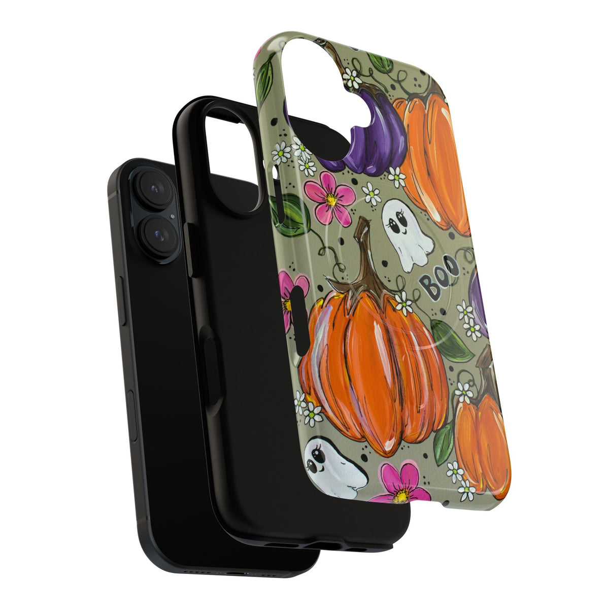 Halloween Pumpkin Ghost Tough Magnetic Phone Case — 'Boo' Fall Floral iPhone Cover