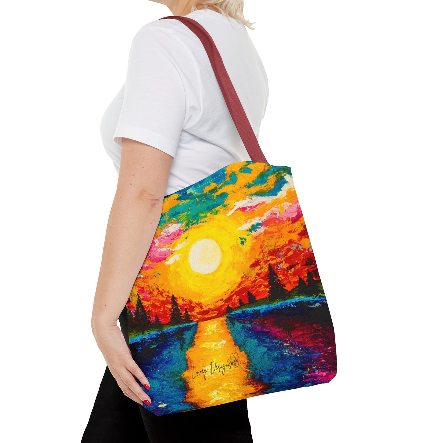 Sunset Lake Tote Bag – Vibrant Hand-Painted Sunset Canvas Carryall