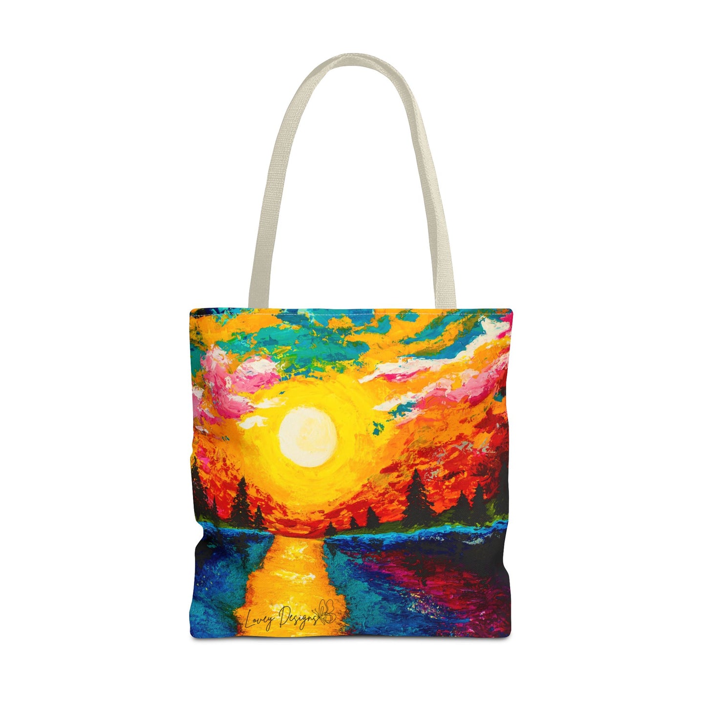 Sunset Lake Tote Bag – Vibrant Hand-Painted Sunset Canvas Carryall