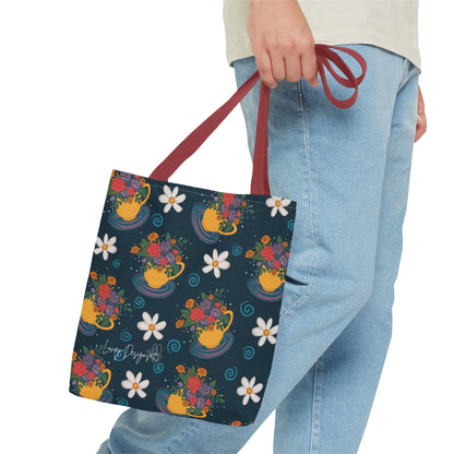 Floral Teacup Pattern Tote Bag – Vintage Daisies & Bouquet All-Over Print