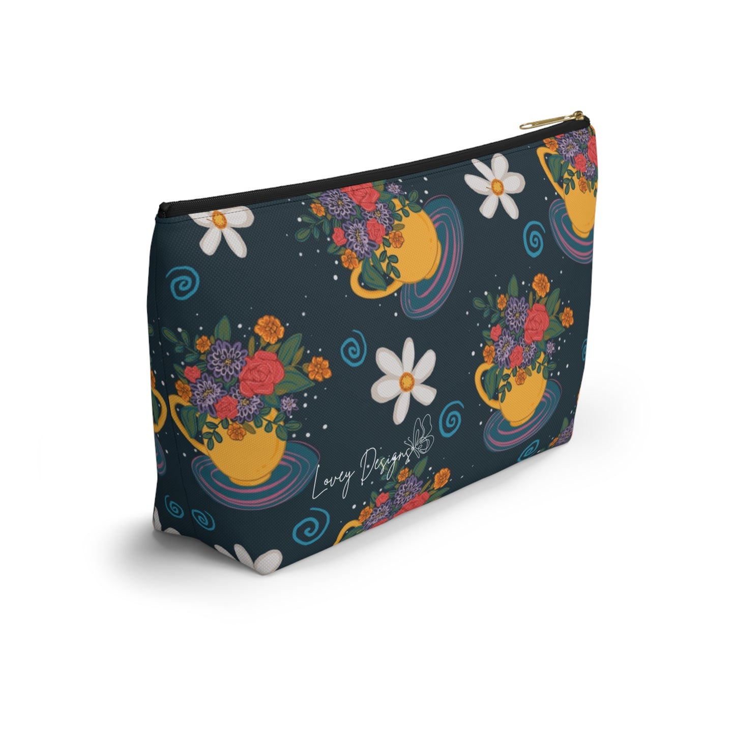 Floral Teacup Accessory Pouch — Zippered Makeup Bag with T‑Bottom