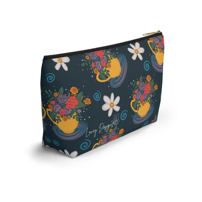 Floral Teacup Accessory Pouch — Zippered Makeup Bag with T‑Bottom