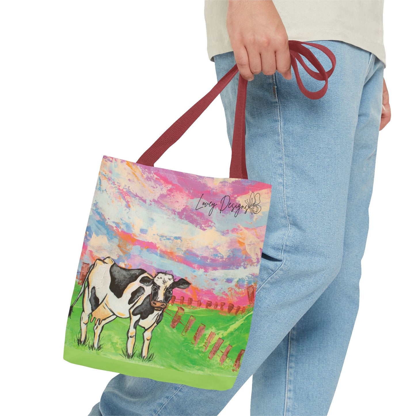 Cow Art Tote Bag — 'Love, Days' Pastel Farm Illustration