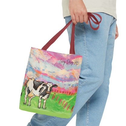 Cow Art Tote Bag — 'Love, Days' Pastel Farm Illustration